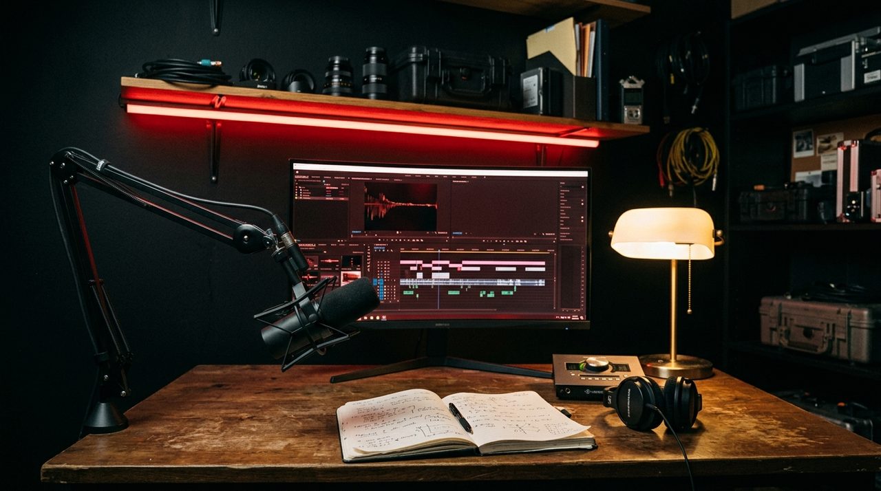 A moody investigations studio at night with microphone, notebook and glowing timeline, where Critical Choice stories are made