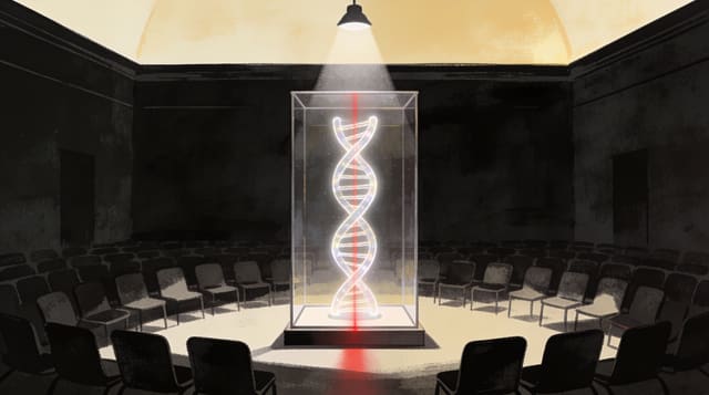 A glowing DNA double helix inside a museum glass case under a lone spotlight in a dim empty auction room, a thin red seam of light down its length