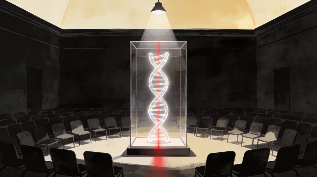 A glowing DNA double helix inside a museum glass case under a lone spotlight in a dim empty auction room, a thin red seam of light down its length