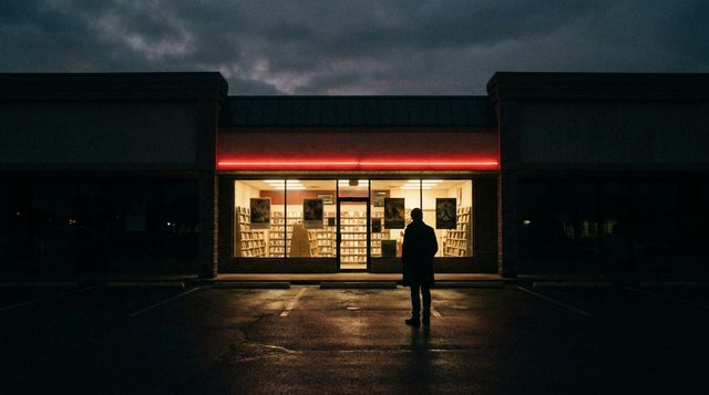 The last Blockbuster-style video rental storefront glowing at dusk in an empty parking lot, with a red neon accent