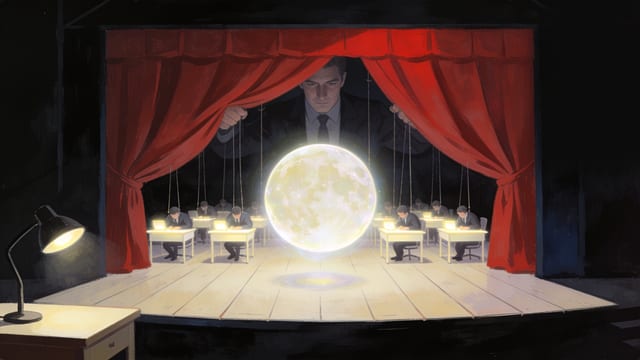 A glowing cream orb of artificial intelligence on a dark stage, a red curtain pulled aside behind it to reveal rows of tiny human workers at desks powering the illusion