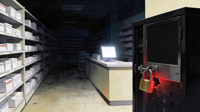 A broken brass padlock hanging open on a dark server cabinet beside an abandoned, dimly lit hospital pharmacy at night