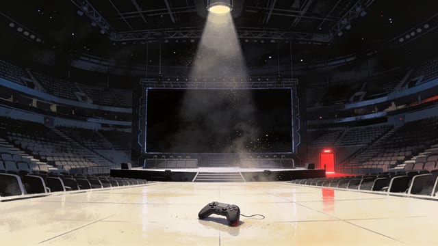 A vast empty esports arena at night, thousands of dark seats, a black tournament screen and a single abandoned game controller under a dying spotlight