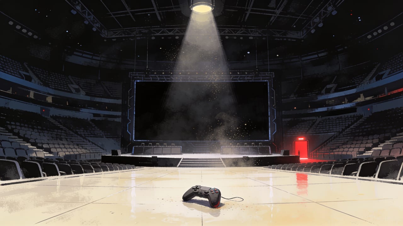 A vast empty esports arena at night, thousands of dark seats, a black tournament screen and a single abandoned game controller under a dying spotlight
