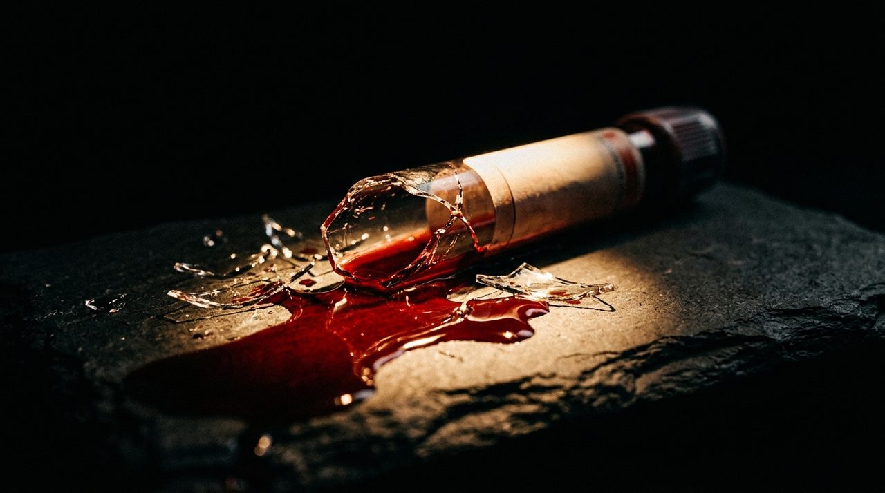 A cracked laboratory blood vial leaking a single drop of red liquid on a cream surface, a symbol of the Theranos fraud