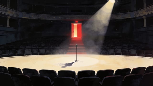A vast dim arena stage after an event, a single spotlight on an empty center-stage spot with a lone abandoned microphone where a glamorous speaker vanished