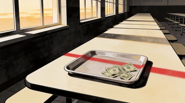 An empty school cafeteria tray holding scattered dollar bills on a long table in a dim hall, a thin red stripe of light across it