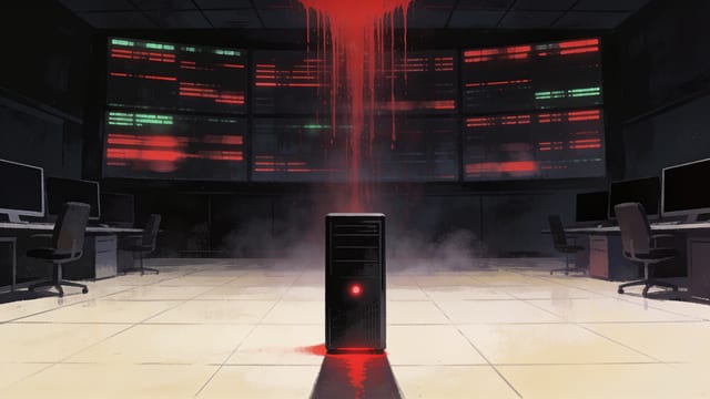 A single black server tower bleeding a seam of red light onto the pale floor of a vast empty stock-trading hall, a wall of ticker boards draining red behind it