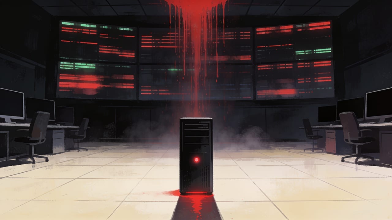 A single black server tower bleeding a seam of red light onto the pale floor of a vast empty stock-trading hall, a wall of ticker boards draining red behind it