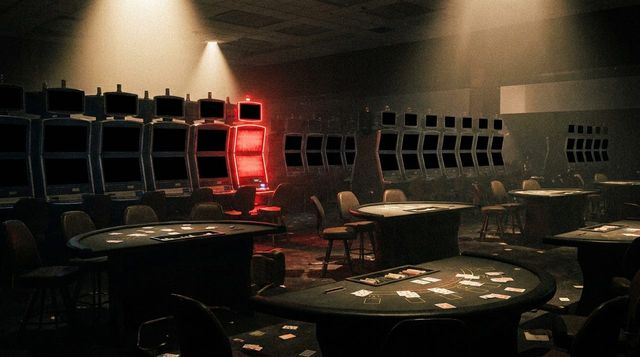 A dark Las Vegas casino floor with dead slot machine screens during the MGM cyberattack, one machine glowing red