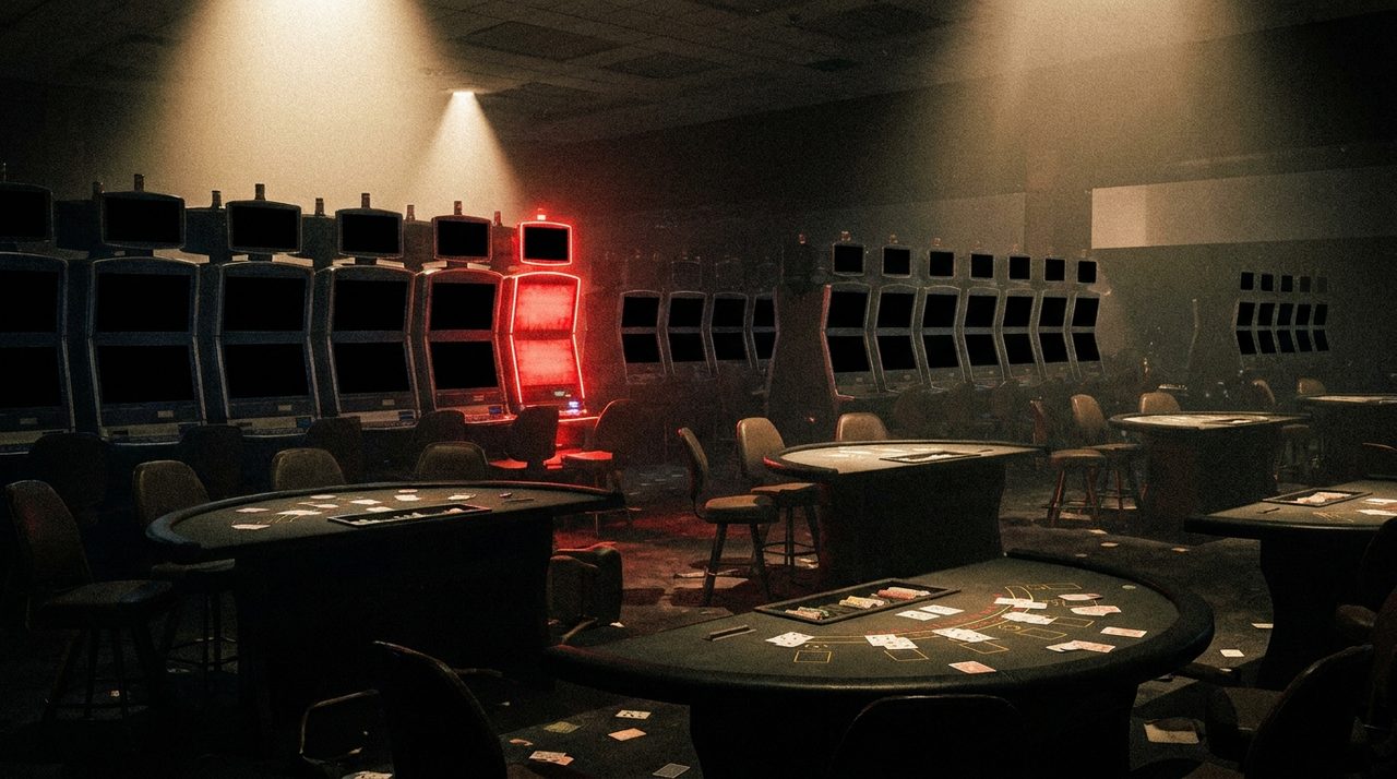 A dark Las Vegas casino floor with dead slot machine screens during the MGM cyberattack, one machine glowing red