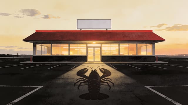 A lone red-roofed restaurant glowing in an empty parking lot at dusk beneath a vast cream sky, a giant claw-shaped shadow reaching toward it