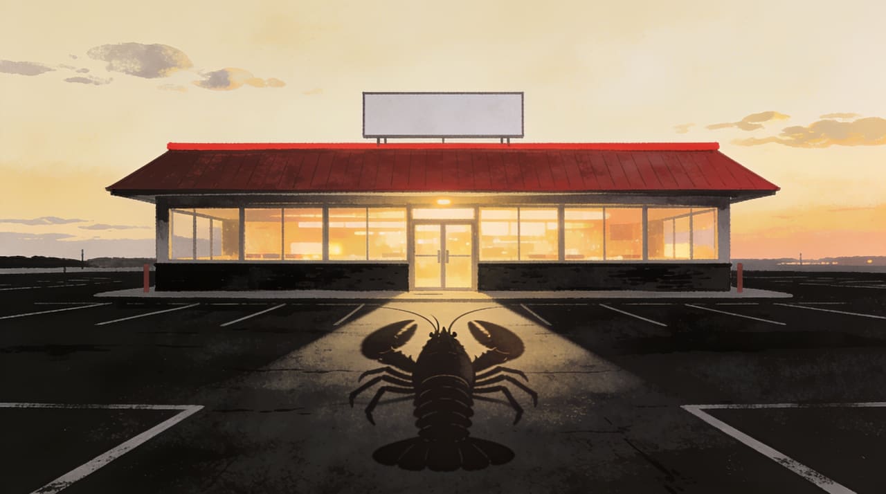 A lone red-roofed restaurant glowing in an empty parking lot at dusk beneath a vast cream sky, a giant claw-shaped shadow reaching toward it