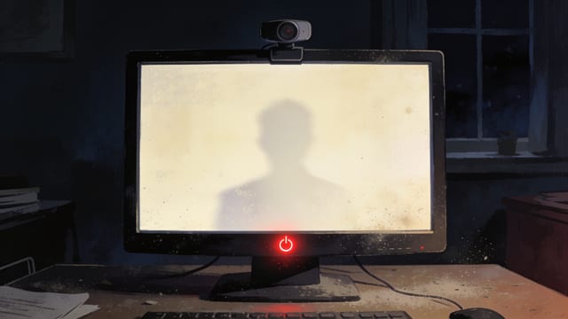 An old webcam on a dusty desk in a dark room, a computer monitor dissolving into static as a video call fades, a small red power light going dark