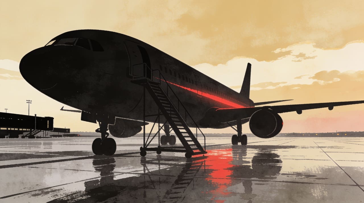 A lone dark airliner parked on an empty wet tarmac at dusk under a vast cream sky, a thin red seam of last light along the fuselage