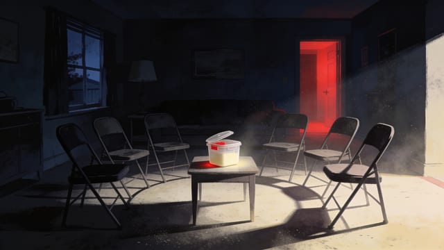 A single translucent cream food-storage container lit by a shaft of light in a faded 1950s living room, empty chairs arranged in a circle for a party nobody came to