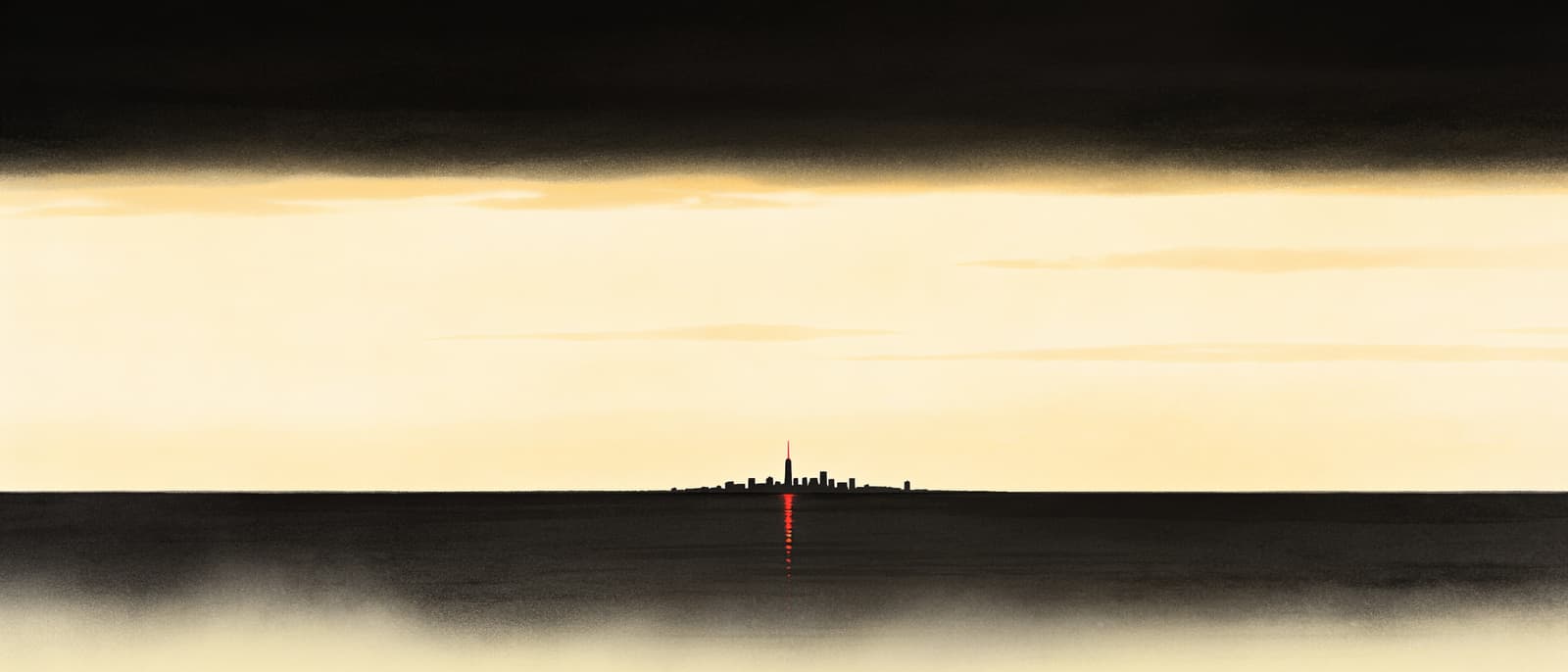 A vast painted dusk sky over still water, a distant city skyline on the horizon with one tower lit by a thin red seam