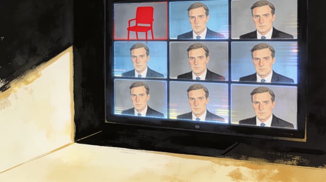 A video-call grid of identical deepfake faces glowing in a dark room, one tile a hollow red outline where the only real person sits