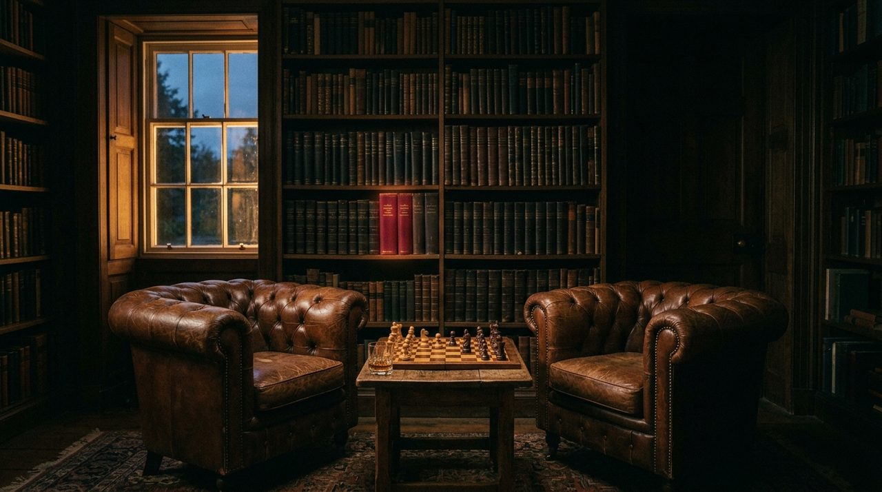 Two armchairs and a chessboard in a dark private library - the Bill Gates and Jeffrey Epstein meetings