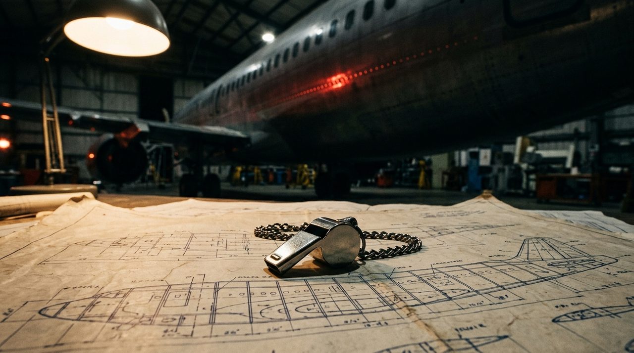 A whistle resting on aircraft blueprints in a dark hangar - the Boeing whistleblowers John Barnett and Josh Dean