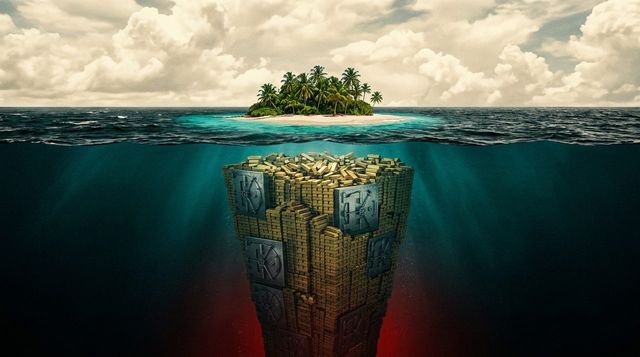 A tropical island above a submerged mountain of gold bars - offshore wealth hidden in the Cayman Islands