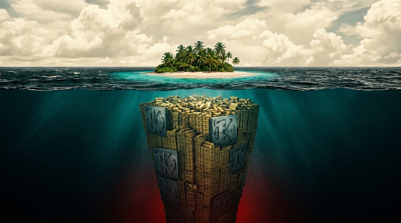 A tropical island above a submerged mountain of gold bars - offshore wealth hidden in the Cayman Islands