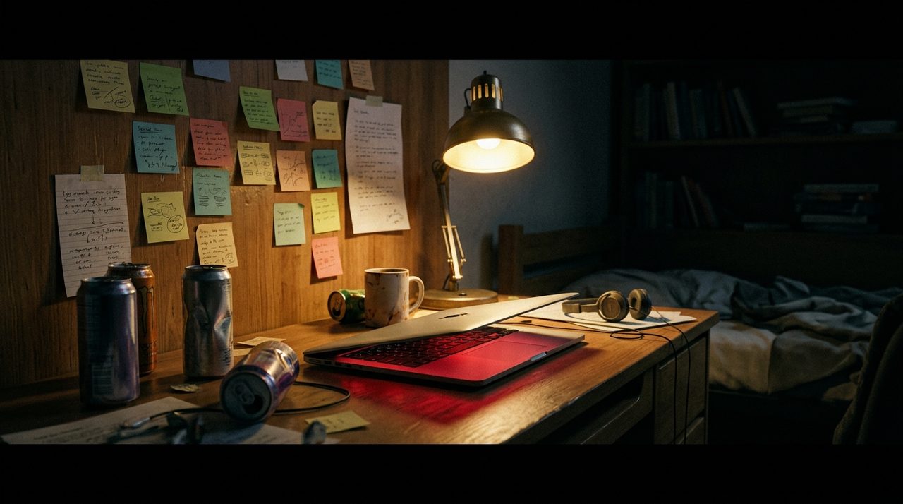 A half-closed laptop glowing in a dark dorm room - the Cluely cheating startup story