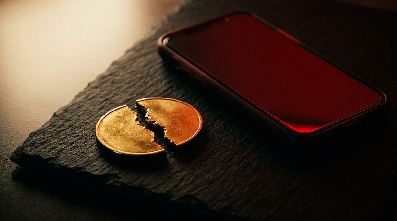 A golden coin cracked in half beside a glowing phone - the Coinbase data breach and bribed support agents