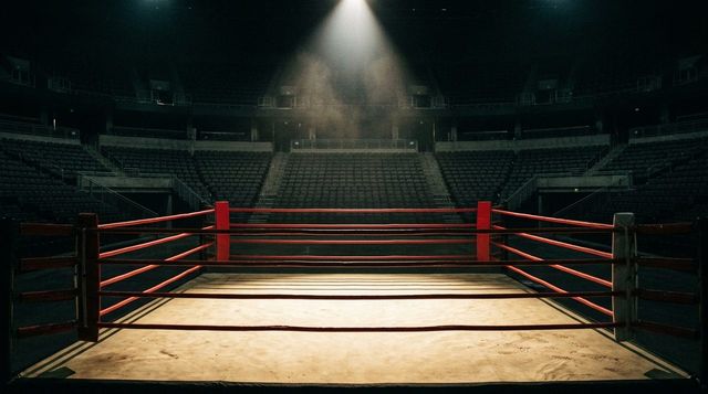 An empty boxing ring under a single spotlight - Dana White's bid to own boxing