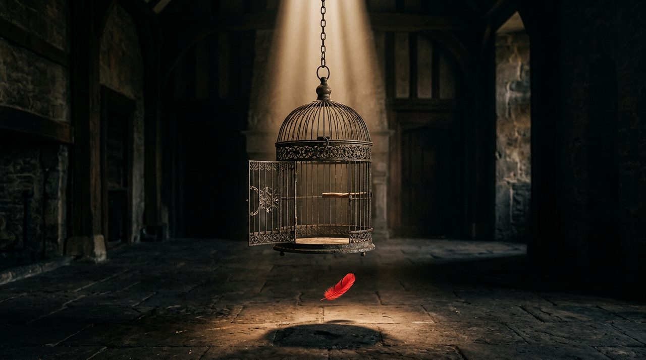 An empty birdcage with its door open and a red feather falling - Twitter after the Musk takeover
