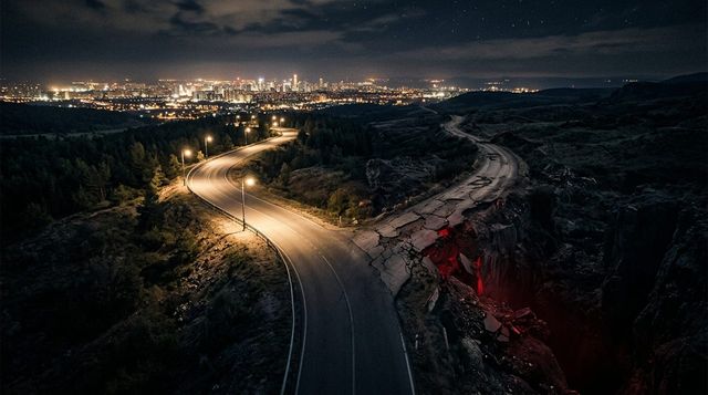 A fork in a dark road with one path leading to a glowing skyline - Excite's decision on Google