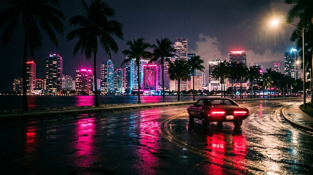 A neon Miami-style skyline at night - the ten billion dollar stakes riding on GTA 6