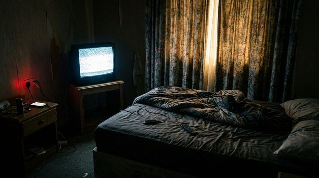 A budget hotel room lit only by TV static - Arion Kurtaj hacking Rockstar from a Travelodge