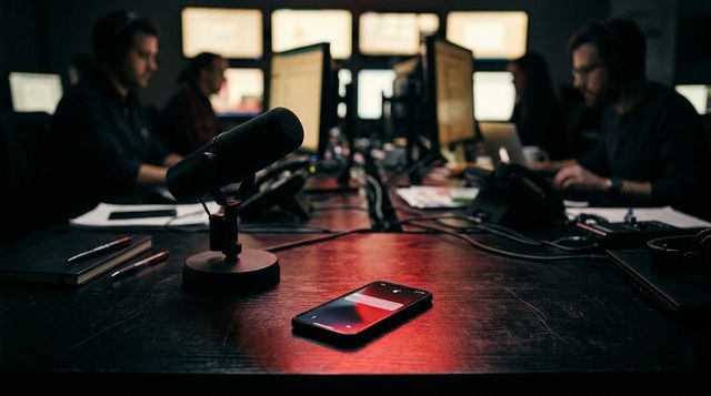 A newsroom desk with a phone glowing with an encrypted message - ransomware hackers courting a BBC journalist