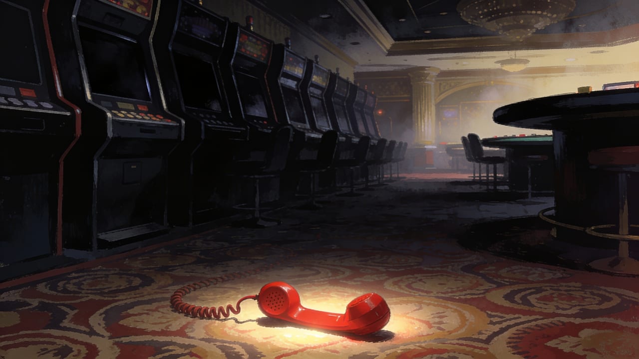 A darkened Las Vegas casino floor with rows of dead slot machines, a single red telephone handset off the hook glowing on the carpet in the foreground