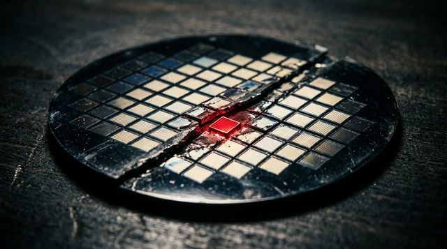 Cracked silicon wafer with one die glowing red - Intel losing the chip war to Nvidia