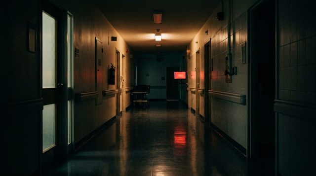 An empty hospital corridor with one monitor glowing red - the cybersecurity CEO hospital spyware case