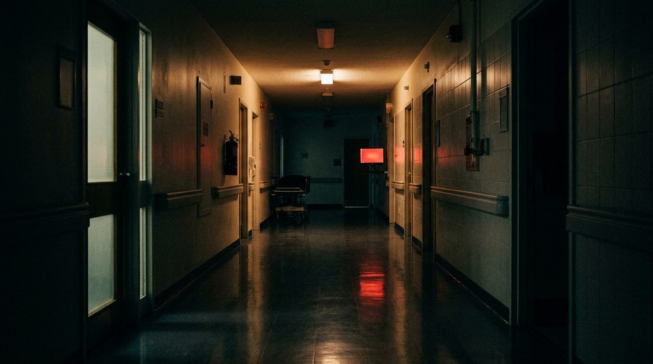 An empty hospital corridor with one monitor glowing red - the cybersecurity CEO hospital spyware case