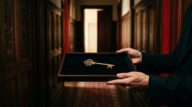 A golden key on a velvet tray in a dark mansion hallway - Les Wexner handing Epstein the keys to his empire