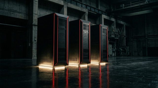 Three identical black server towers standing in formation - the three-company DRAM oligopoly