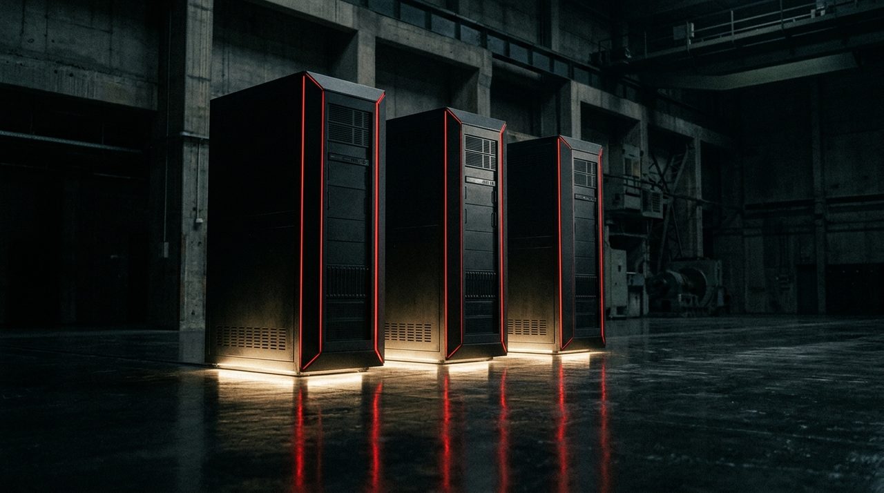 Three identical black server towers standing in formation - the three-company DRAM oligopoly