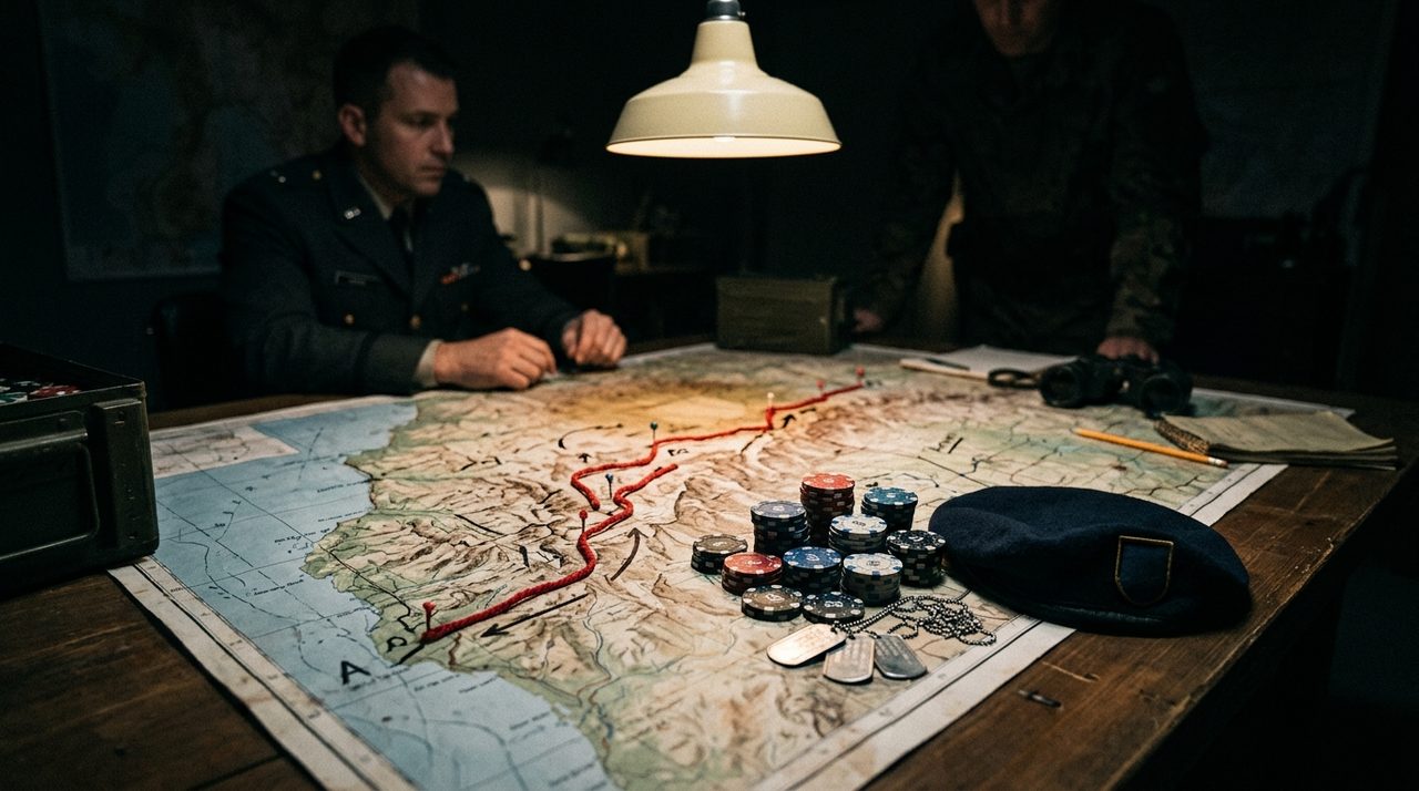 Betting chips and dog tags on a military map table - the soldier who bet on his own secret mission