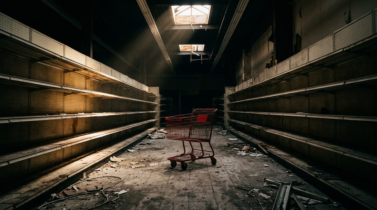 Abandoned toy store aisle with a single red shopping cart - the Toys R Us collapse