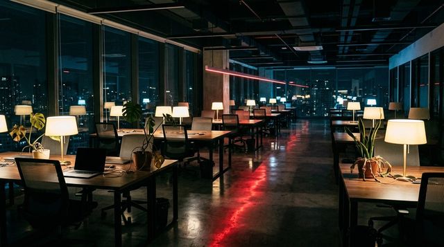 An empty neon-lit coworking office at night - the WeWork collapse from 47 billion to zero