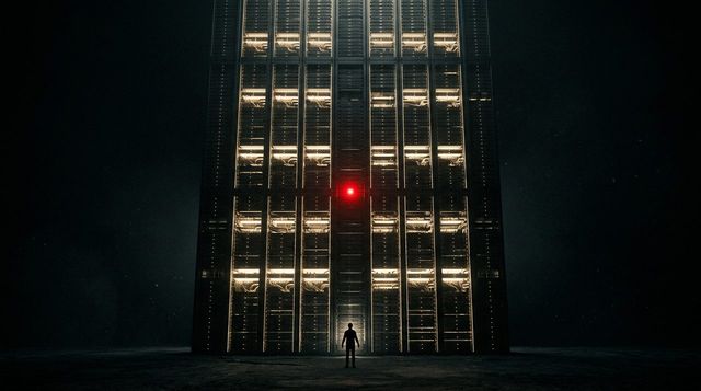 A tiny human silhouette before a colossal server monolith - Big Tech power investigated
