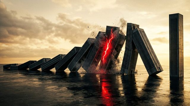 Giant skyscraper-shaped dominoes mid-fall - how corporate collapses cascade