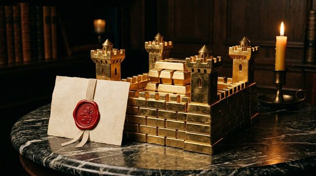 Gold bars stacked into a fortress sealed in red wax - how money and power move