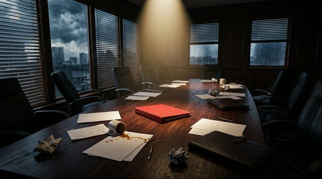 A red folder on an abandoned boardroom table - business scandals and fraud investigations